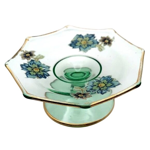 Vintage Other - Vintage Green Glass Bon Bon Candy Dish With Floral Design & Gold Trim